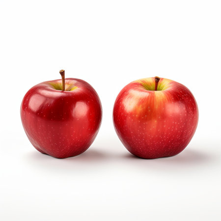 A close-up of two shiny red apples on a clean white surface, ideal for showcasing healthy eating or delicious fruit choices. Studio shot with excellent lighting for your needs.の素材