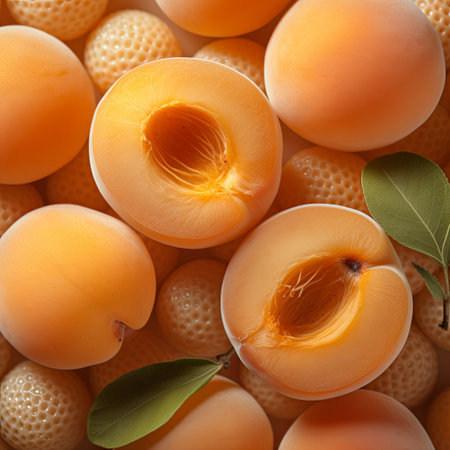 A close-up of fresh apricots, some halved to show their juicy interiors. This vibrant image is perfect for illustrating summer recipes and healthy eating, adding a touch of natural goodness.の素材