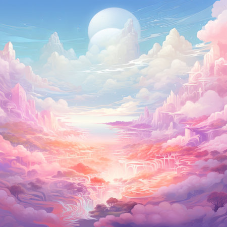 A tranquil landscape illustration showcasing pastel mountains, fluffy clouds, and a serene water surface. Perfect for fantasy book covers and calming visual projects.の素材