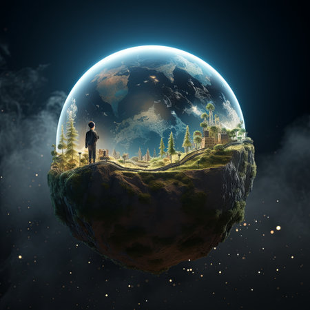 A stunning miniature world inside a glass sphere, showcasing the delicate beauty of our planet and emphasizing the critical need for environmental conservation and sustainable practices.の素材