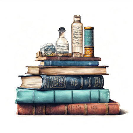 A vintage stack of books alongside antique bottles and seashells on a clean white background, symbolizing knowledge, history, and education in a classic and elegant style.の素材