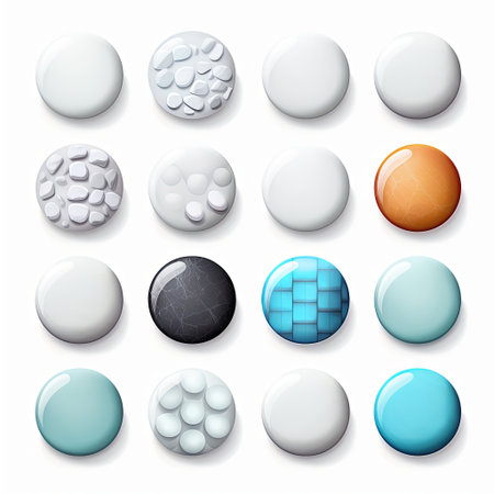A vibrant assortment of round buttons with diverse textures, patterns, and colors. Perfect for enhancing website interfaces, app designs, and user experiences in creative projects.の素材