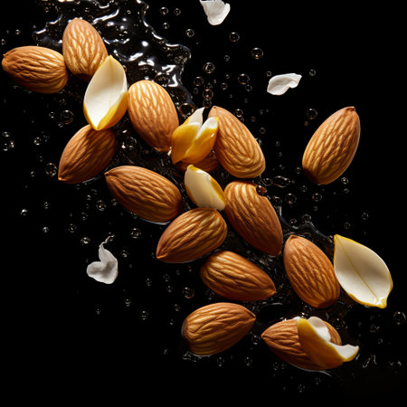 A dynamic image featuring almonds and a splash of water on a black background. Ideal for themes of health, nutrition, and natural ingredients. Perfect for healthy eating visuals.の素材