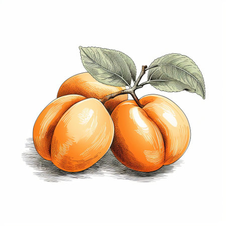 Fresh apricots hanging on a branch with green leaves, set against a white background. Perfect for showcasing seasonal fruits, healthy eating, or agricultural concepts.の素材