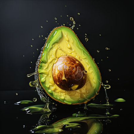 A close-up shot of a halved avocado with its seed, featuring water droplets on its surface. Represents healthy eating and freshness, perfect for food blogs and culinary projects.の素材