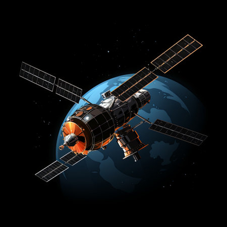 A state-of-the-art satellite orbits the Earth, demonstrating advanced technology for communication and observation. This represents the forefront of space exploration and innovation.の素材