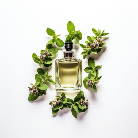 Oregano essential oil is showcased in a small glass bottle with a cork lid. It sits beside a vibrant sprig of fresh oregano leaves and delicate flowers, all presented against a clean white background.の素材