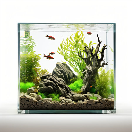 An aquascaped freshwater aquarium features lush aquatic plants and natural elements like rocks and driftwood, creating a serene habitat for colorful fish and showcasing underwater beauty.の素材