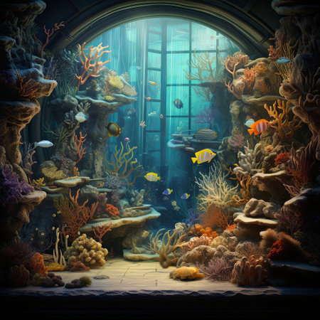 Explore this captivating aquarium Vibrant coral formations and diverse fish species flourish under softly filtered sunlight, perfect for educational materials and digital artwork.の素材