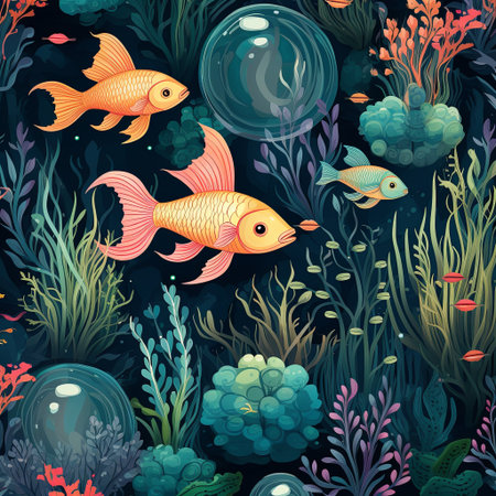Explore a vibrant underwater scene featuring elegant goldfish swimming gracefully among shimmering bubbles and an array of colorful coral. Perfect for art, education, and design projects.の素材