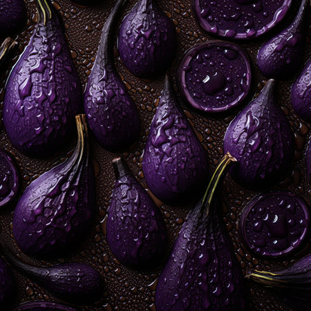A close-up of glossy, deep purple aubergines with water droplets, set against a textured backdrop. Ideal for food blogs, menus, and ads promoting healthy cuisine and culinary creativity.の素材