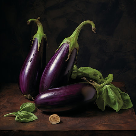 Capture the beauty of fresh, ripe eggplants with this image. Ideal for showcasing healthy eating, culinary arts, or vegetarian concepts. Perfect for recipe books, food blogs, or restaurant menus.の素材