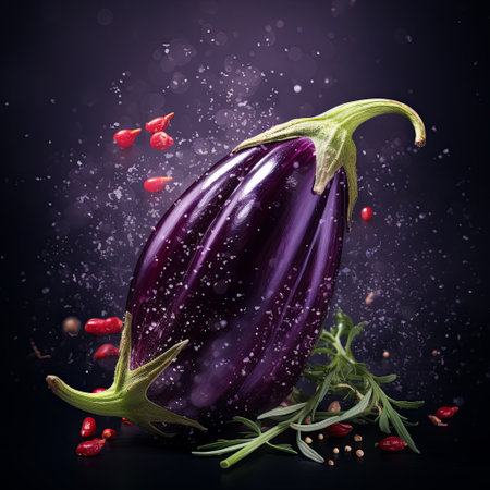 A vibrant eggplant surrounded by fresh herbs and spices on a dark backdrop. Perfect for culinary projects, healthy eating campaigns, or restaurant menus. High-quality studio shot for creative use.の素材