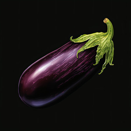 A striking studio shot of a single eggplant, elegantly isolated against a deep black background. Ideal for culinary content, healthy eating themes, and creative design projects.の素材