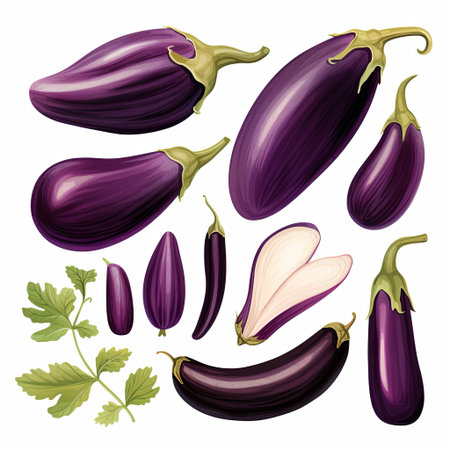 A stunning still life showcasing fresh eggplants with green leaves, ideal for promoting healthy eating, vegan dishes, and vegetarian recipes in culinary projects and designs.の素材