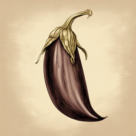 Vintage style illustration of an eggplant with stem and leaves on a beige background. Perfect for culinary projects, restaurant menus, or educational materials. Isolated design for creativity.の素材