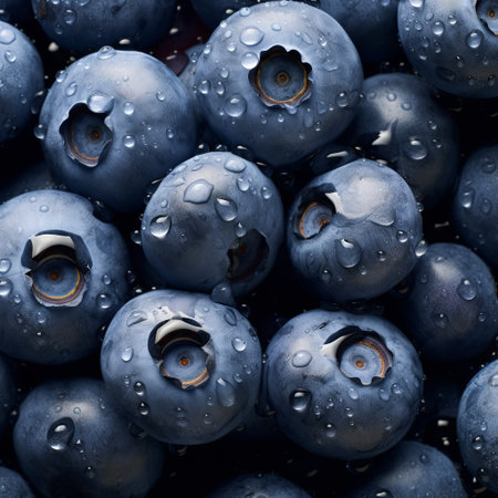 A close-up of fresh blueberries glistening with water droplets. This image represents healthy eating and summer flavors, ideal for food blogs, recipes, or product promotions.の素材