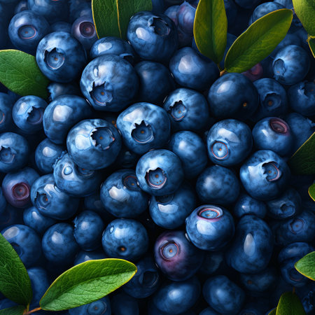 A pattern depicting hand-drawn blueberries with fresh green leaves on a dark background. Ideal for textile design, wallpaper, and backgrounds. Could be used for packaging, culinary, and more.の素材