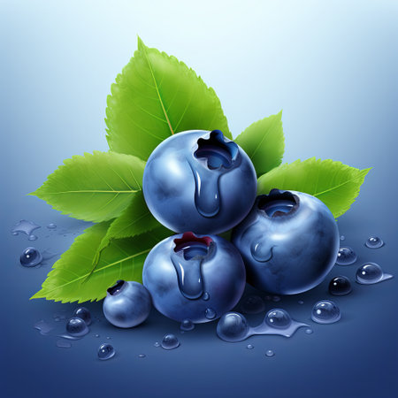 A close-up of fresh blueberries with green leaves and sparkling water droplets. Great for showcasing healthy eating, summer produce, and natural freshness in food blogs and advertising.の素材