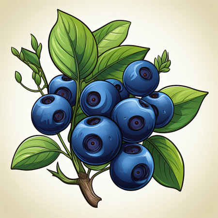 Vibrant illustration of a cluster of blueberries with lush green leaves. Perfect for promoting healthy eating, natural products, and adding a touch of nature to various designs.の素材