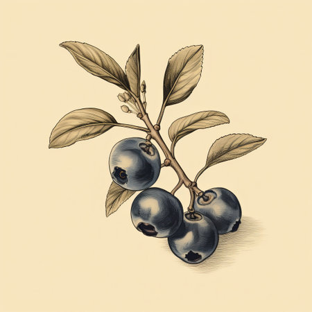 Illustration of a blueberry branch featuring vibrant leaves and ripe berries, presented on a cream-colored paper background. Ideal for vintage designs and educational uses.の素材