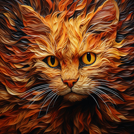 Artistic cat portrait featuring striking golden eyes and a unique fur texture. Ideal for wall art, home decor, and creative projects like cards and gifts for pet lovers.の素材