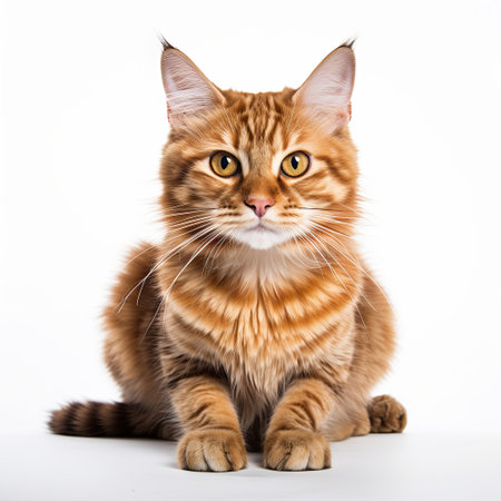 A delightful studio shot of a ginger Maine Coon kitten sitting on a white background. This charming pet embodies the beauty and companionship of felines, perfect for pet-related themes.の素材