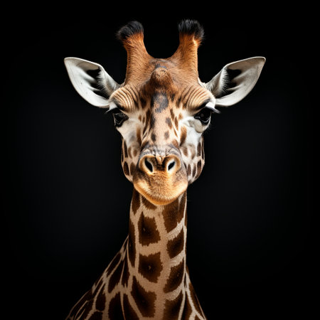 A stunning close-up portrait of a giraffe, highlighting its distinctive patterns and gentle eyes set against a solid black background. Ideal for wildlife themes and creative projects.の素材