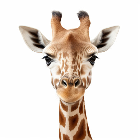 A captivating portrait of a giraffe against a white background, highlighting its expressive eyes and distinctive patterns, ideal for wildlife projects and educational content.の素材
