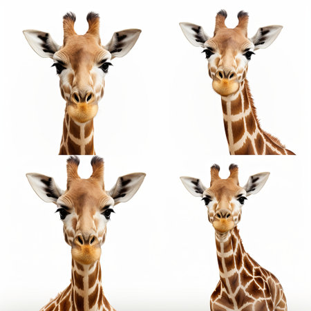 A stunning collection of giraffe portraits set against a white background. These elegant animals highlight the beauty of wildlife, ideal for educational use and artistic endeavors.の素材