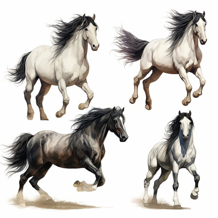 A captivating set of four horses in dynamic poses, showcasing their strength and grace. Perfect for illustrations and designs, these images highlight the beauty of these magnificent animals.の素材