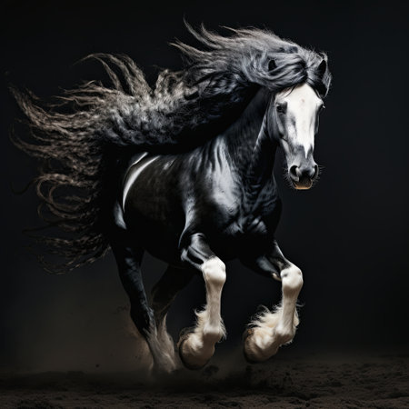 A majestic black horse with a white face gallops beautifully in a studio. Its flowing mane and tail enhance the sense of motion, symbolizing strength and freedom in equestrian themes.の素材
