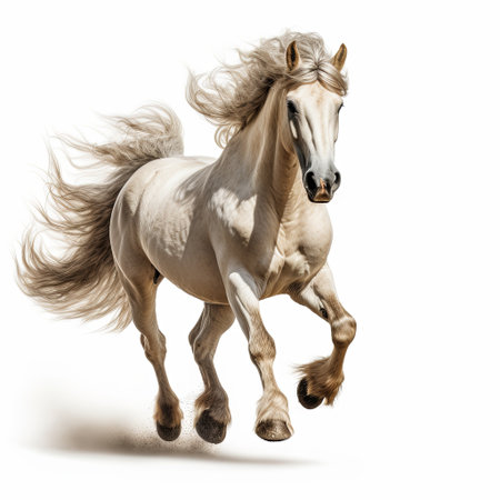 A beautiful white horse galloping with its mane and tail flowing majestically. This stunning animal embodies freedom, strength, and natural beauty against a clean white background.の素材