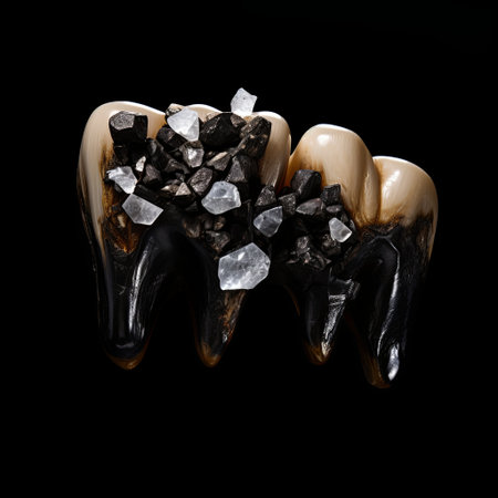 A conceptual image of decayed teeth decorated with black and clear crystals, representing dental health issues. Suitable for educational materials and awareness campaigns on oral hygiene.の素材