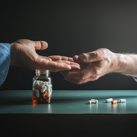 This image portrays the act of transferring medication, highlighting the importance of healthcare, support, and pharmaceutical assistance. Perfect for medical campaigns and health awareness.の素材