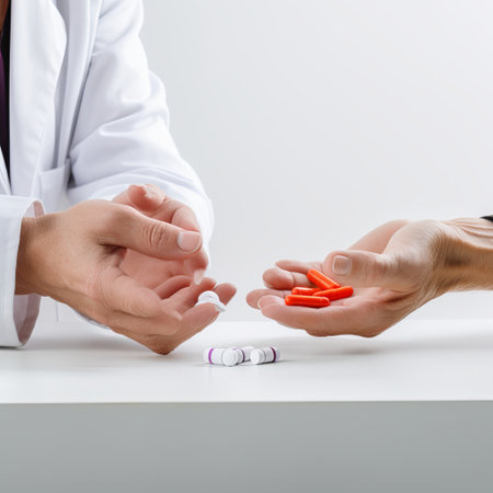 A medical professional is dispensing medication to a patient, symbolizing healthcare, pharmaceutical support, and treatment. It can be used for medical, health, and wellness concepts.の素材