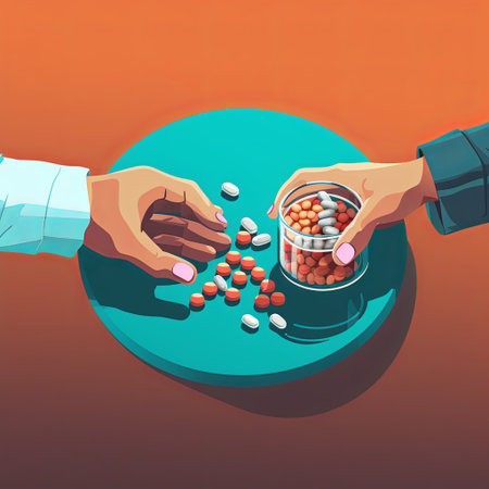 Illustrated image depicting hands reaching for pills on a teal surface, with a pill bottle nearby, symbolizing medication, health, and treatment. Ideal for healthcare related content. Modern design.の素材
