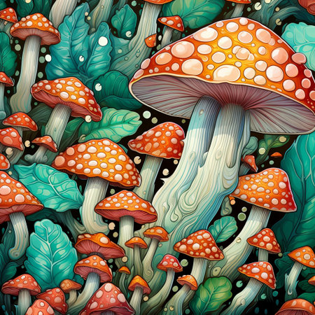 Explore a whimsical illustration of an enchanted mushroom forest. This vibrant scene is ideal for fantasy designs and storybook illustrations, capturing a magical and detailed world.の素材