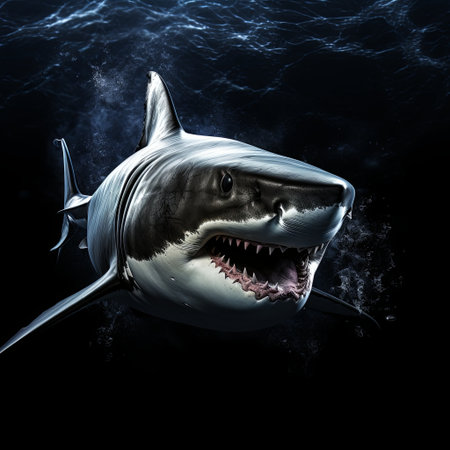 Witness the power and intensity of a great white shark as it emerges from the depths. This striking image showcases the apex predator s formidable presence in its natural habitat.の素材