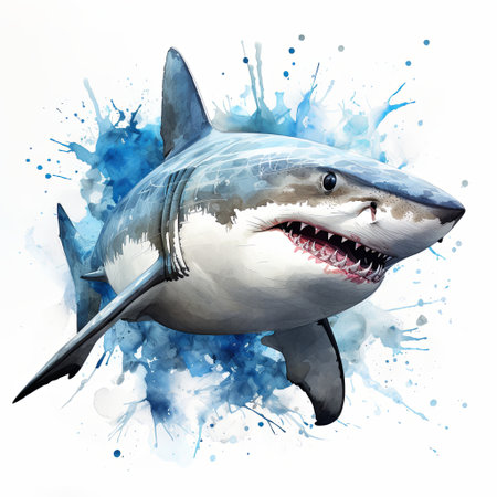A stunning watercolor of a great white shark, emphasizing its powerful form and vibrant blue water splashes. Perfect for marine-themed projects and educational materials.の素材