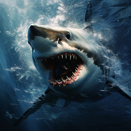 A striking image of a great white shark with its jaws wide open, displaying its sharp teeth. This powerful predator is depicted in its natural underwater habitat, ready to hunt.の素材