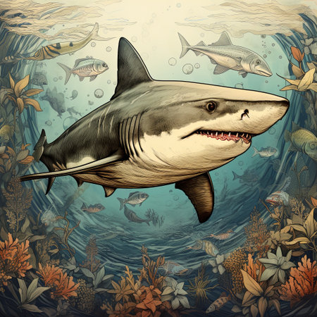 Detailed illustration of a great white shark swimming in its natural ocean habitat. Surrounded by other fish, coral, and underwater plants, perfect for educational or creative projects.の素材