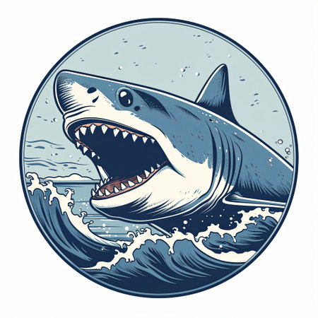 Stunning illustration of a great white shark surfacing from the ocean, mouth agape, displaying its formidable teeth. Ideal for marine biology and wildlife conservation projects.の素材