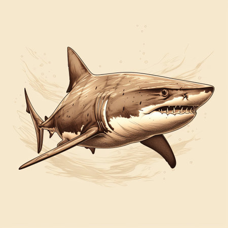 Sepia-toned illustration of a great white shark. Ideal for educational use and marine life enthusiasts. This high-quality drawing captures the shark s power and beauty on a beige backdrop.の素材