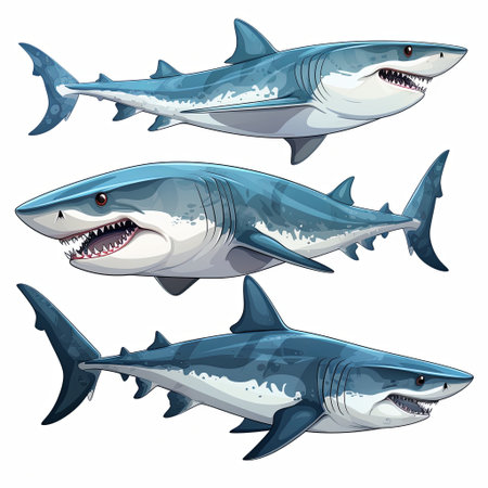 A collection of detailed great white shark illustrations in various poses. Ideal for educational resources, marine biology projects, and creative designs needing realistic shark imagery.の素材