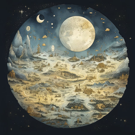 A captivating illustration of a full moon illuminating a fantasy world map, featuring settlements, roads, and mountains, perfect for themes of adventure and exploration.の素材