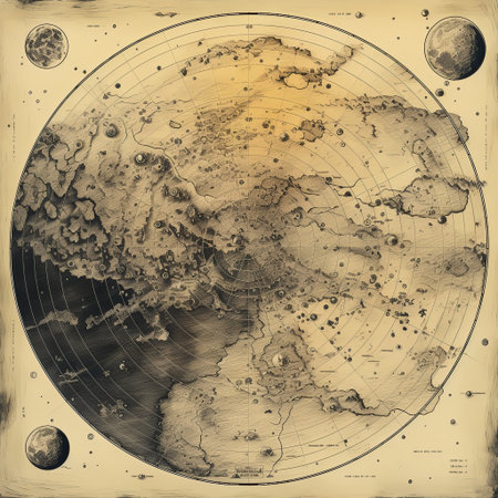 Vintage celestial map illustration showcasing planetary features and moon orbits. Ideal for educational projects, historical references, and creative designs about space exploration.の素材