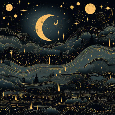 A captivating night scene showcasing a crescent moon, shining stars, and artistic clouds. Ideal for fantasy book covers, illustrations, or creative projects, perfect for enchanting decorations.の素材