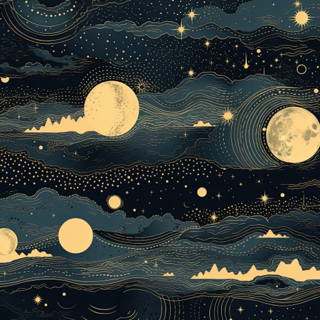 A serene and dreamy nightscape featuring golden moons, stars, and clouds, evoking fantasy and wonder. Perfect for backgrounds, textiles, wallpapers, and creative projects seeking a calming aesthetic.の素材