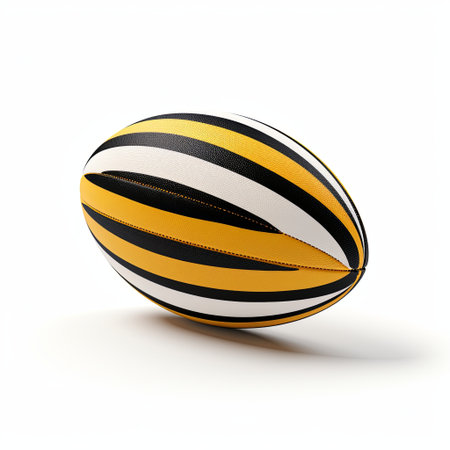 A modern striped rugby ball isolated on a white background. This sports equipment is perfect for training, games, and promotional materials. Ideal for sports-themed designs and creative projects.の素材